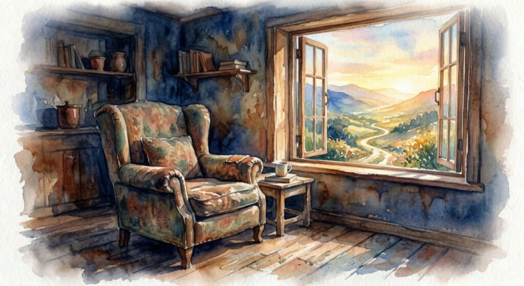 A watercolor painting of a comfortable, well-worn armchair in a shadowed, cozy room. The chair faces a large open window that reveals a vast, bright landscape, highlighting the feeling of being safe but contained.