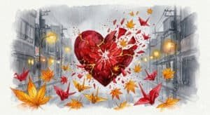 Watercolor of a textured, deep red broken heart centered on the paper. The heart is shattering and bright red shards explode transforming into tiny Kintsugi gold/orange maple leaves and small, bright red origami cranes.