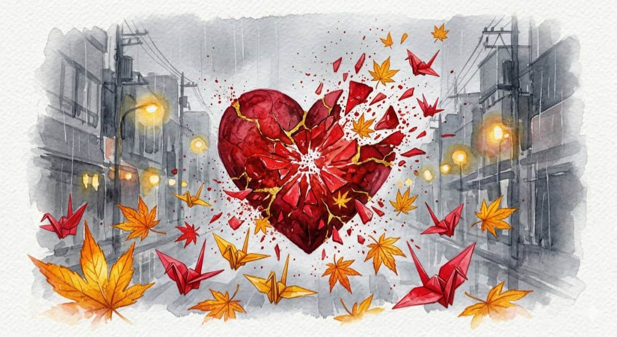 Watercolor of a textured, deep red broken heart centered on the paper. The heart is shattering and bright red shards explode transforming into tiny Kintsugi gold/orange maple leaves and small, bright red origami cranes.