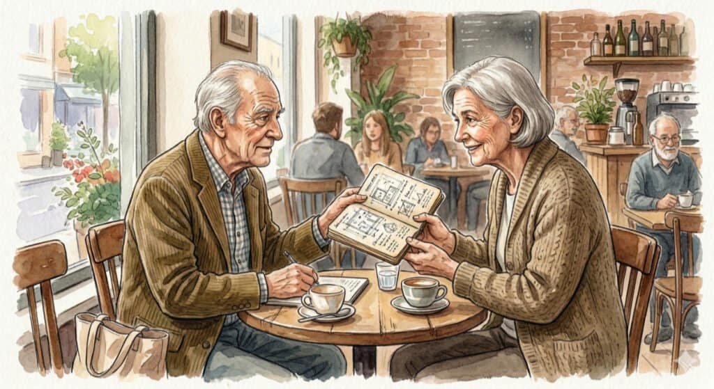 Watercolor of an older man and woman sitting in a coffee shop. The man is passing a notebook of a sketched blueprint to the lady to share ideas of working hard towards her own success.
