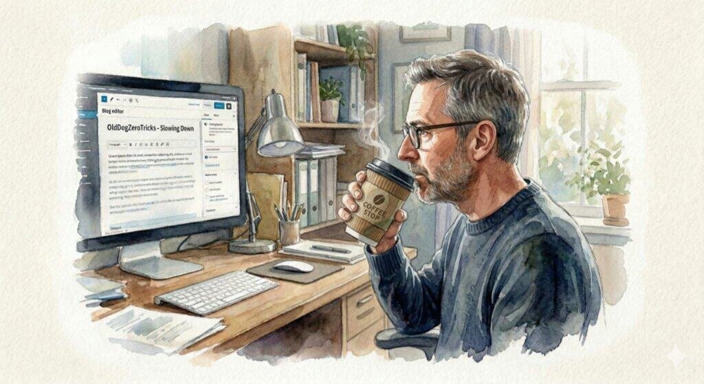 Watercolor of middle-aged guy sipping convenience store coffee at his computer. He is writing a blog post titled OldDogZeroTricks – Slowing Down.
