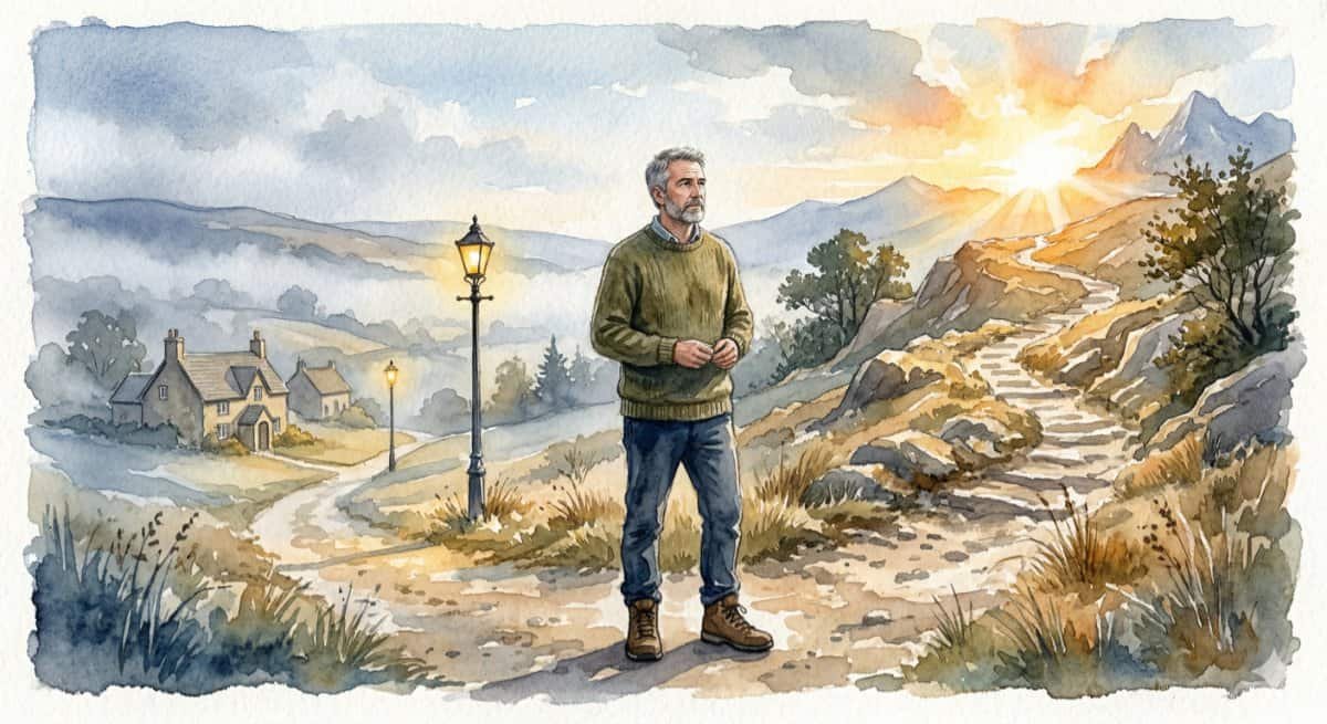 Watercolor of a middle-aged guy standing at a crossroads. The left path, leads downhill into a cozy, foggy valley with a streetlight, and predictable "security" of working for others. The right path climbs ruggedly upwards towards a breakthrough of sunlight embodying ownership, risk, and vision to build his own future.