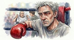 Watercolor close-up of middle-aged guy sitting defeated in a boxing ring corner while his team debates throwing in the towel.