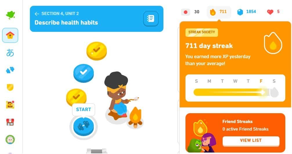 Screenshot of Duolingo 711 day streak for Grant aka. OldDogZeroTricks learning Japanese