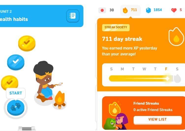 Screenshot of Duolingo app 711 day streak learning Japanese.