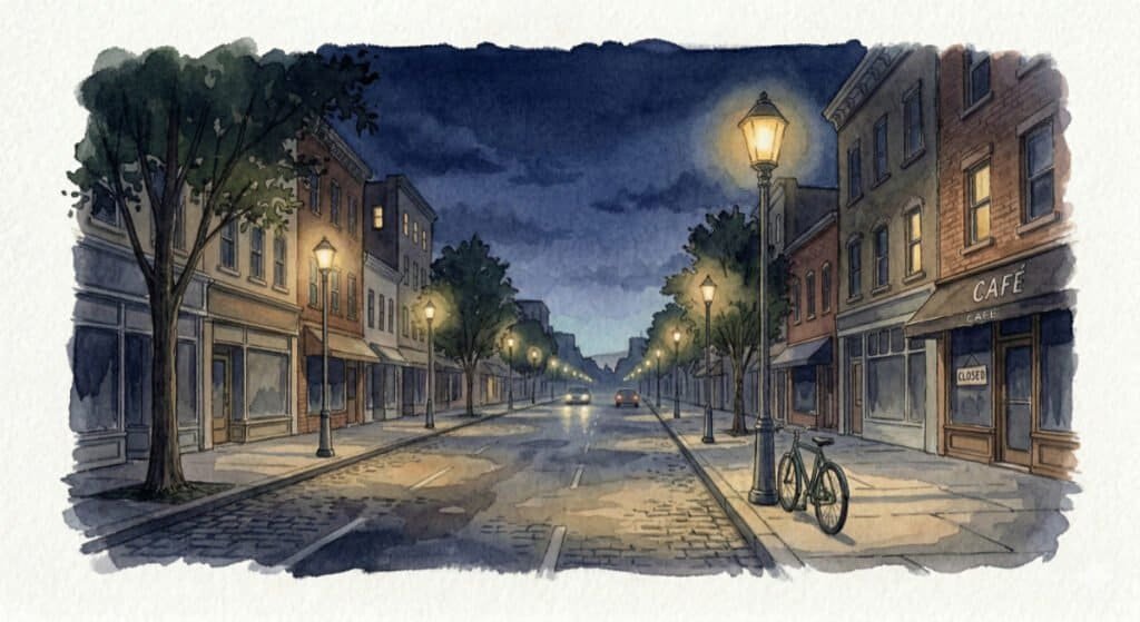 Watercolor of a quiet street in the early hours – capturing the feeling of slowing down as you get older.
