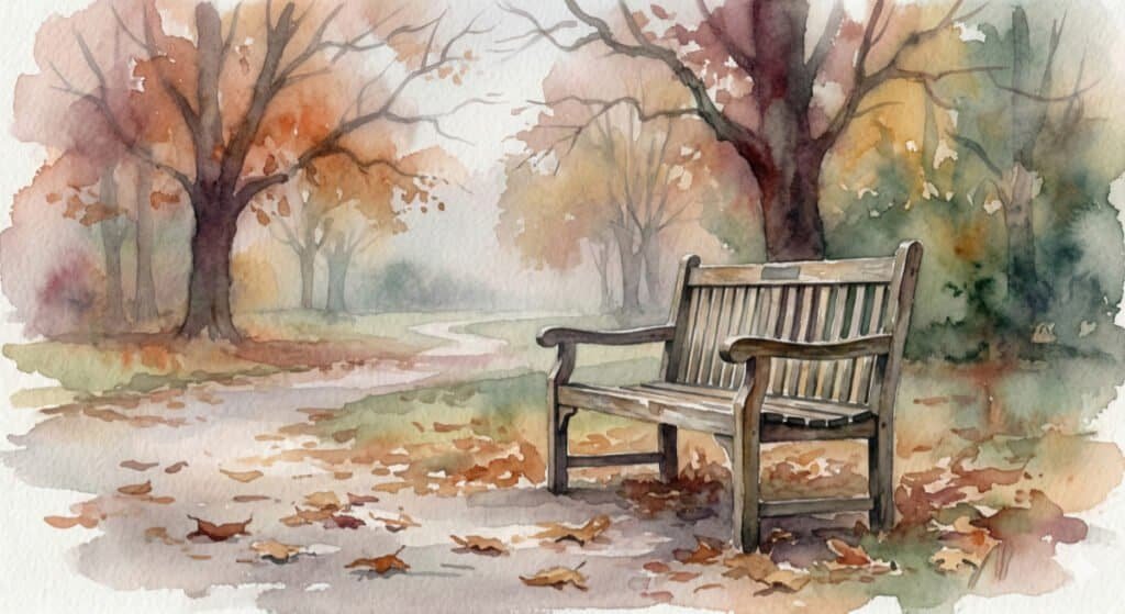 Watercolor of an empty bench on a quiet Autumn path with fallen leaves, reflecting on losing friends as you age.