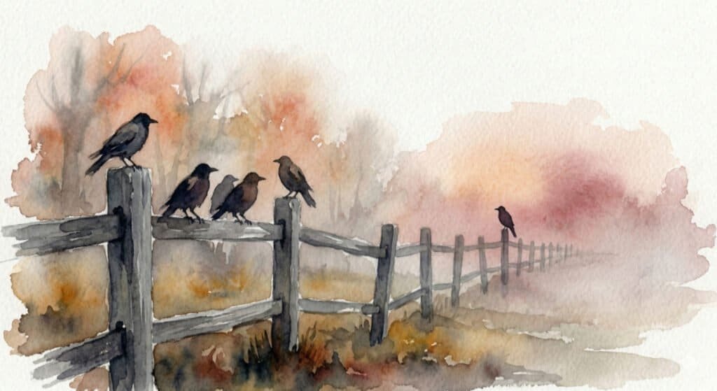 Watercolor of group of birds perched on a fence in the foreground, with one solitary bird further away – signifying losing friends as you age.