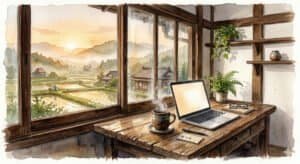 Watercolor of a weathered wooden desk next to a window. Through the window is a peaceful, hazy sunrise over a rural Japanese landscape. On the desk sits an open modern laptop and a steaming mug of coffee.