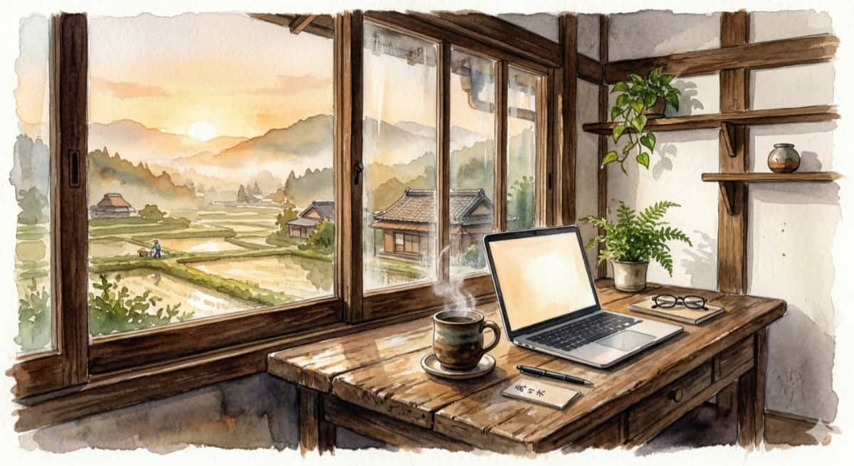 Watercolor of a weathered wooden desk next to a window. Through the window is a peaceful, hazy sunrise over a rural Japanese landscape. On the desk sits an open modern laptop and a steaming mug of coffee.