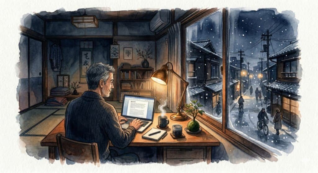 Watercolor of a dimly lit Japanese apartment on a winter evening in the holidays. A single desk lamp illuminates a computer screen, a middle-aged guy, and a steaming mug beside him. Outside the window, a quiet city street in the cold.