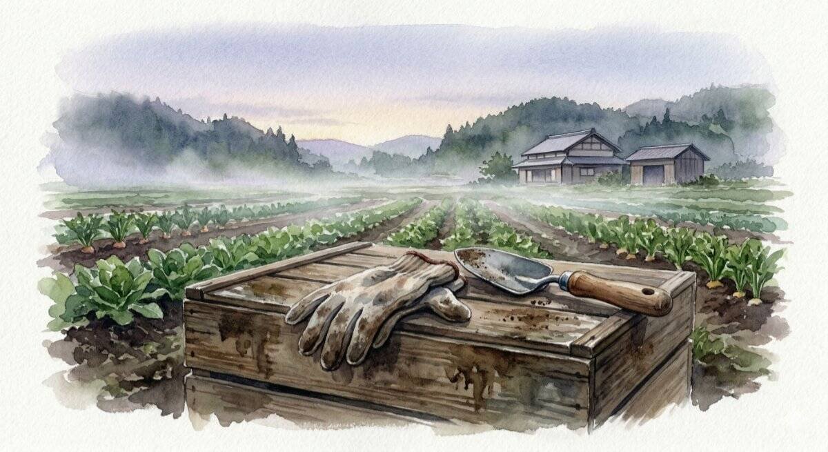A quiet, atmospheric watercolor scene of a small Japanese vegetable farm at early dawn. A pair of well-worn gardening gloves and a simple hand trowel rest on a wooden crate. The morning mist is lifting, and the light is soft, cool, and peaceful.