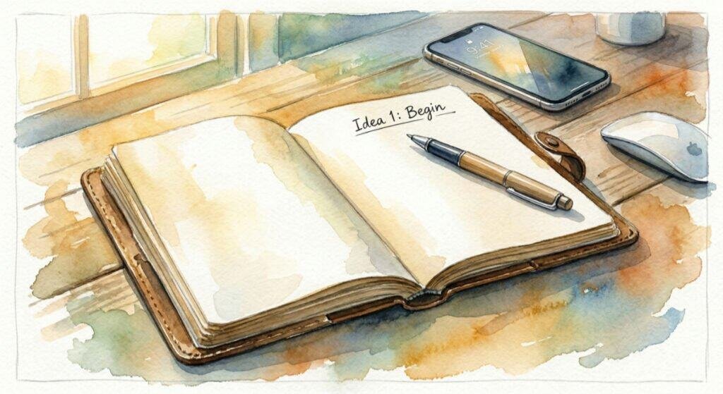 Watercolor of an open, weathered leather-bound journal on a rustic wooden desk. On the right page, which is mostly blank, a pen is resting. At the top of the page, natural, clear handwriting has just written the very first, simple entry: "Idea 1: Begin". This is the only text and the first step to turning your life around.