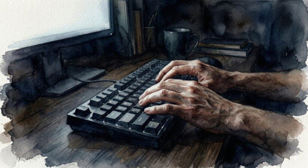 Watercolor of a pair of hands resting on a computer keyboard illuminated only by the soft glow of the screen in a darkened room, envoking a feeling of untapped potential and quiet late-night ambition to turn your life around.