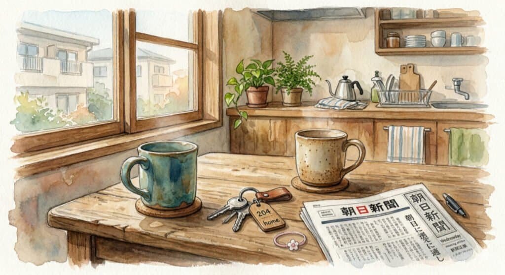 A watercolor painting of a wooden kitchen table in a Japanese apartment. On the table sit two different but complementary, well-worn ceramic coffee mugs, bathed in soft morning light filtering through a window. Next to them rests a simple ring of house keys, a folded newspaper and a girl's hair band.