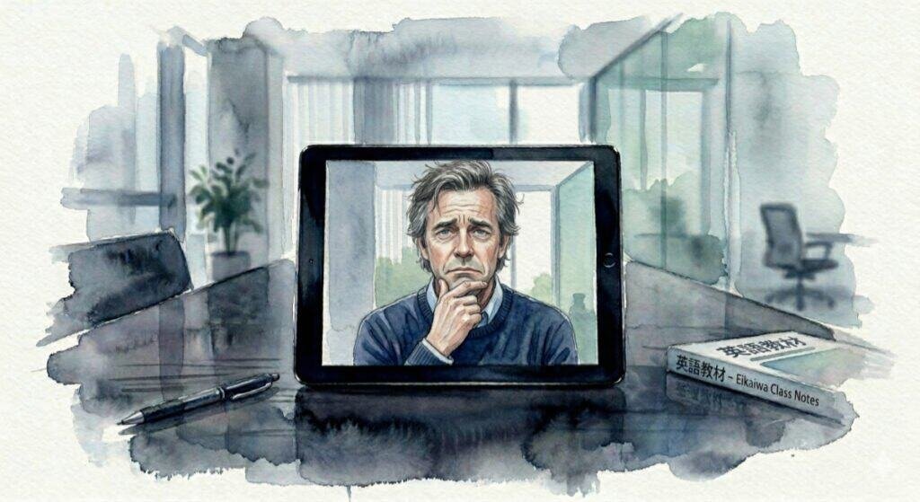 Watercolor of a middle-aged English teacher slightly surprised at his older appearance via an iPad camera in a corporate conference room, and suddenly craving a makeover.