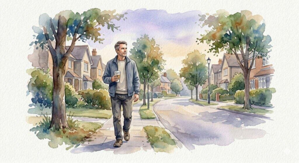 Watercolor of a middle-aged man in casual clothes walking down a quiet residential street in the early morning, holding a paper coffee cup, symbolizing a physical anchor routine.