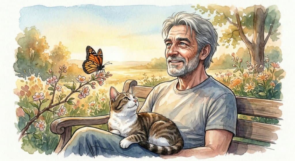 Watercolor of a middle-aged man sitting positive and relaxed outside with a cat companion on his lap and a butterfly on a plant nearby. He looks fresh, and happy that he stuck around and didn't throw in the towel.