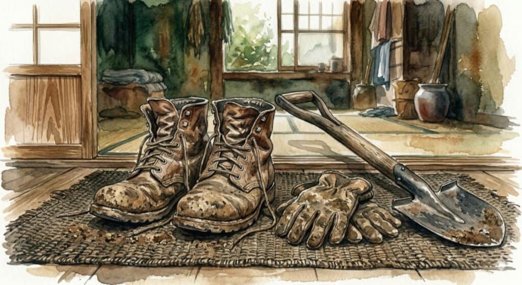 A watercolor illustration of a pair of well-worn, mud-caked farming boots and rough leather gloves resting next to a wooden-handled spade on a textured tatami mat in a farmhouse.