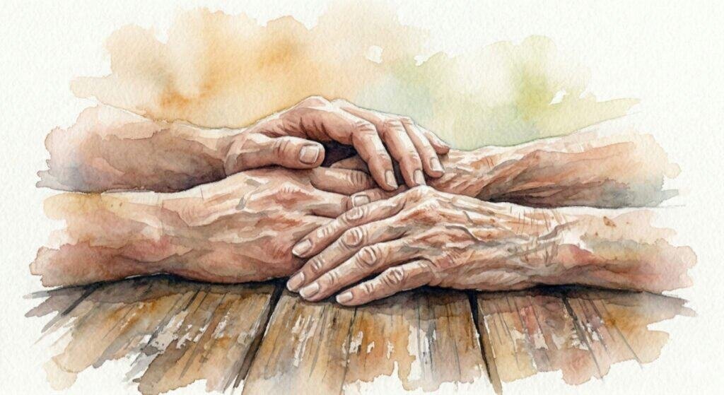 Watercolor of middle-aged caregiver hands holding and comforting old parent hands.