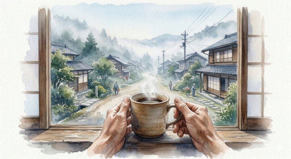 A peaceful watercolor painting from a first-person perspective. The viewer's hands are holding a simple, steaming mug of coffee. The background reveals a quiet, misty rural street in the cool, early morning light. The scene captures the small, grounding act of taking a breath and just making it to the next day.