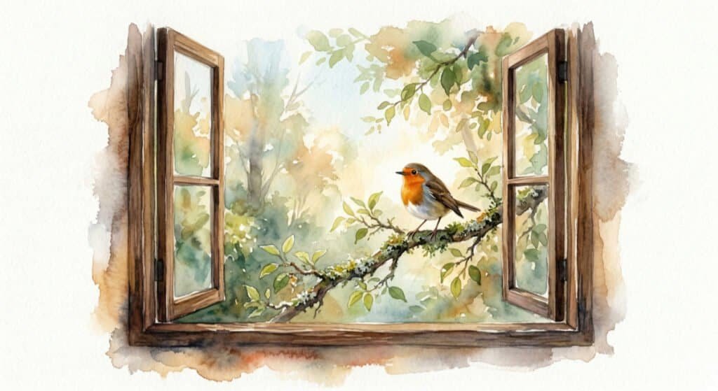 Watercolor close-up of looking through a wide-open window at a small bird (Robin) resting on a branch outside, symbolizing the anchor of observing your surroundings.