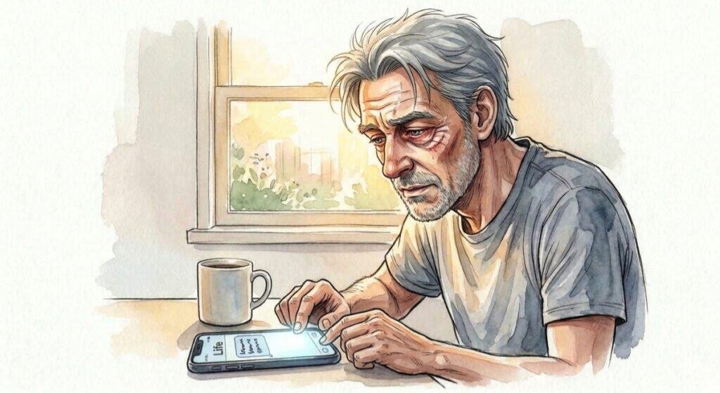 Watercolor of a dispondent middle-aged man chat messaging on his phone. Perhaps reading Don't throw in the towel.