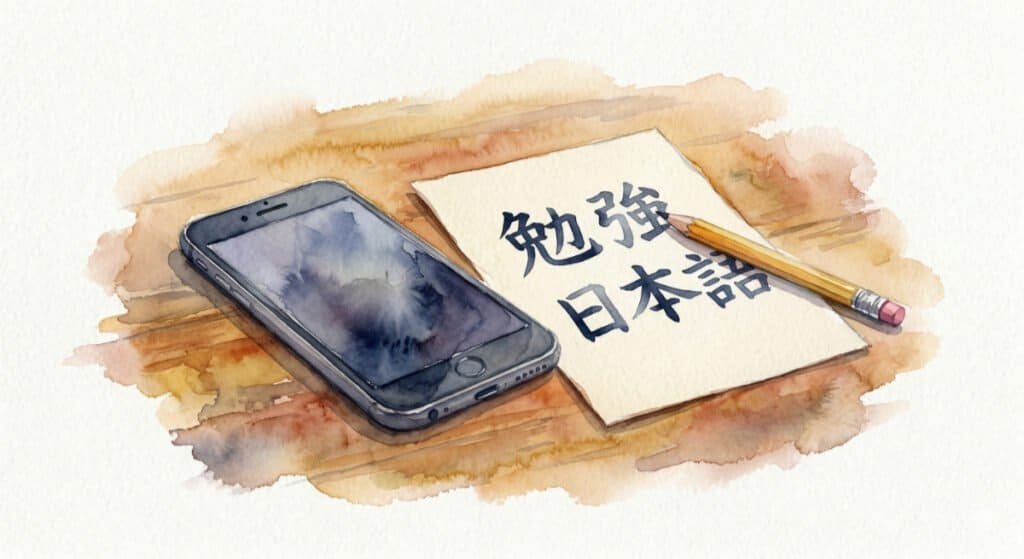 Watercolor of a smartphone resting on a desk next to a piece of paper with a few Japanese characters written on it. A pencil lies across the paper, symbolizing a learning anchor routine.