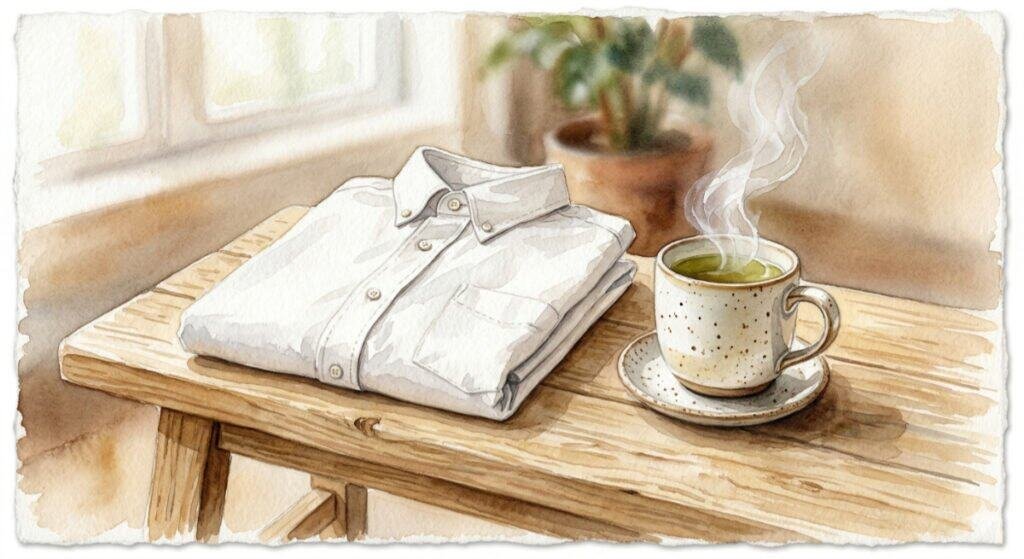 Watercolor painting of a freshly pressed white button-down shirt neatly folded on a wooden bench, and a mug of steaming green tea. Symbolizing aspirations for self-care and a makeover.