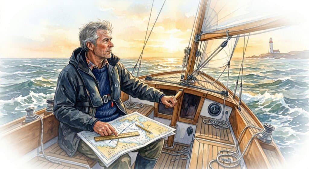 Watercolor of a middle-aged guy sitting at the helm of a sailboat in the open, choppy ocean. He's checking his course via a chart and navigating towards a distant sun-drenched horizon. A symbol of working hard for himself.