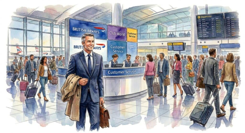 Watercolor of a middle-aged salesman enjoying the busy airport atmosphere while visiting on business.