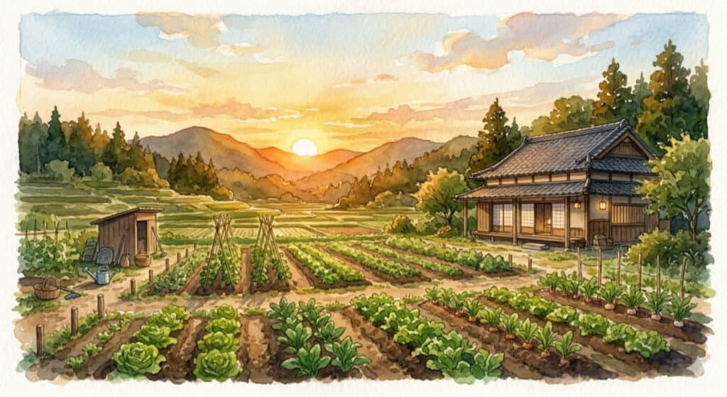 A warm, peaceful watercolor of a setting sun over a quiet Japanese vegetable farm.