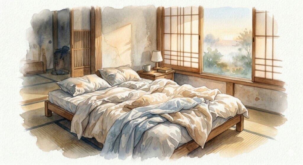 A watercolor of a softly lit bedroom. An unmade bed with rumpled blankets catches the first warm, gentle rays of morning dawn light filtering through a traditional Japanese window. The scene represents the quiet reset and relief that comes after making it through a long, difficult night.
