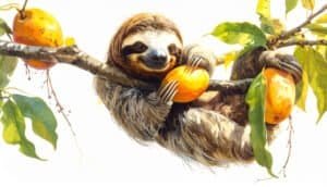 Watercolor of a relaxed brown sloth hanging from a tree branch clutching two ripe orange mangos – living life in the slow lane.