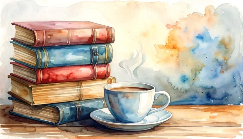Watercolor of a cup of coffee next to a stack of books, capturing the feeling of slowing down as you get older.