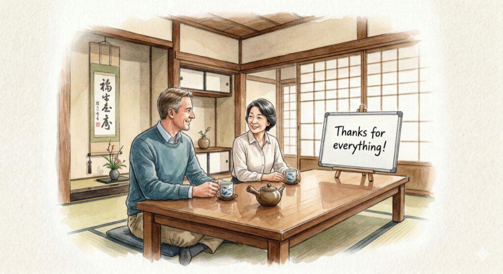 Watercolor style image of a quiet classroom tea, capturing the feeling of slowing down at work as you get older.