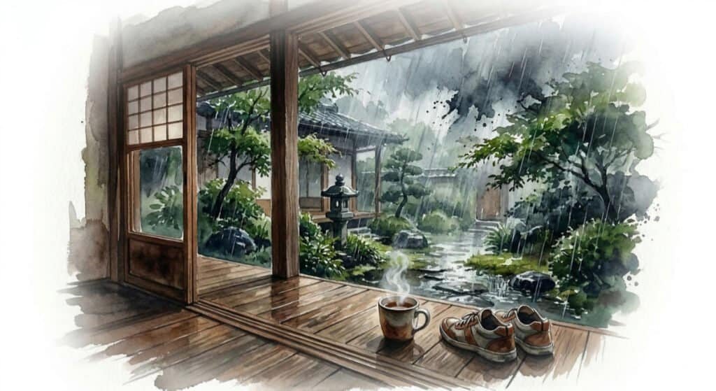 A watercolor looking out from a dry, traditional Japanese wooden porch (engawa) during a heavy, sudden rainstorm. Sitting safely on the dry wooden deck in the foreground is a single, steaming cup of tea or coffee next to a pair of worn casual shoes, capturing the feeling of: Don't give up. Wait out the storm.