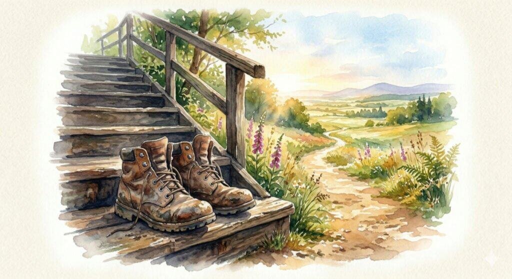 A watercolor painting of a pair of well-worn, leather walking boots at the bottom of wooden steps. Beyond the steps, a sunlit dirt path winds forward into a bright, open landscape. The scuffed boots symbolize past resilience, while the sunlit path represents the courage to begin a new journey.