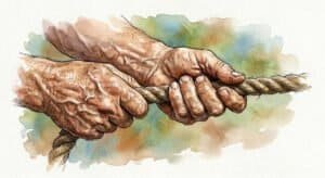 Watercolor close-up of weathered hands gently pulling a sturdy, thick rope taut, representing steadiness, routine, and a sense of calm with how small daily anchors keep us steady.