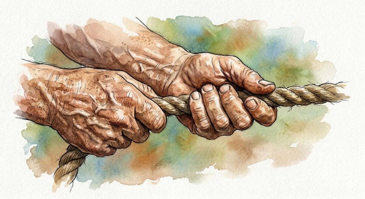 Watercolor close-up of weathered hands gently pulling a sturdy, thick rope taut, representing steadiness, routine, and a sense of calm with how small daily anchors keep us steady.