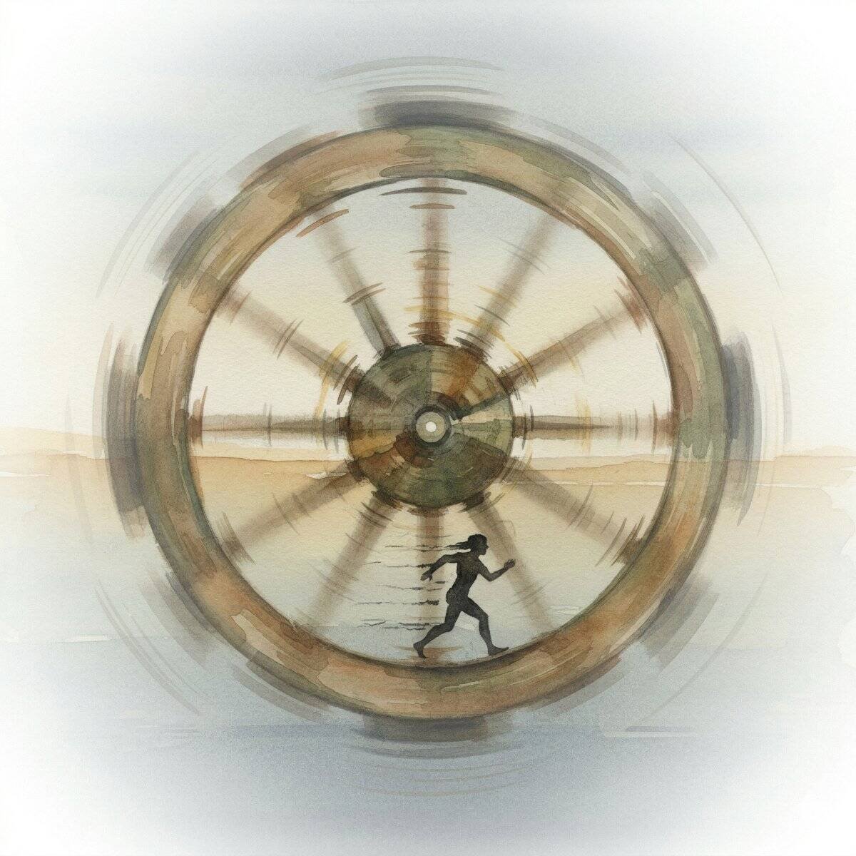 Watercolor of a determined person running inside a spinning wooden hamster wheel, symbolizing working hard but getting nowhere.