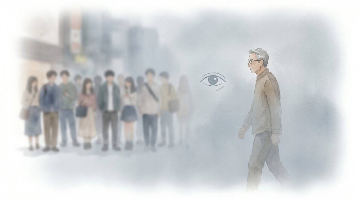 Minimalist watercolor of an older man in a quiet Japan city setting, walking into a gentle, soft gray-blue fog. In the background, a very stylized, blurred crowd of younger people. One single, stylized human eye outline is rendered in the fog, looking out at the viewer, symbolizing the tension of being seen.