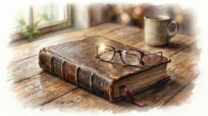 A close-up watercolor view of an old, well-loved bible lying closed on a rustic wooden table. Resting on top of the cover is a pair of reading glasses, catching a glint of sunlight.
