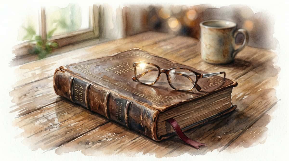 A close-up watercolor view of an old, well-loved bible lying closed on a rustic wooden table. Resting on top of the cover is a pair of reading glasses, catching a glint of sunlight.