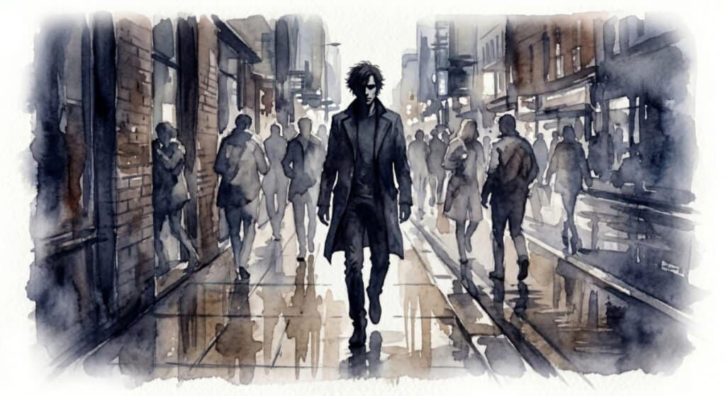 Watercolor of solitary man walking with purpose along the sidewalk towards the viewer, depicting and paying homage to The Verve's music video for Bitter Sweet Symphony.