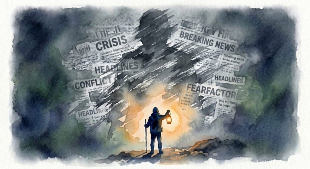 watercolor of small silhouette of a courageous person holding up a glowing golden lantern. They are facing a towering, ominous shadow that looms over them. The giant shadow is a haze of grey and white television static and fragmented news headlines. The warm, golden lantern light gently pushes back the grey static.