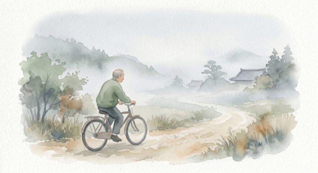 Watercolor of an older man cycling in the hazy Japanese countryside on a foggy day.