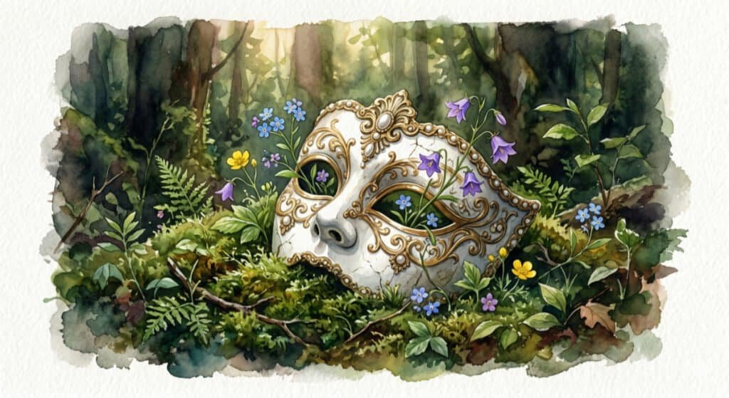 A watercolor painting of an ornate, white porcelain masquerade mask resting discarded on a bed of rich, green forest moss. The challenge of why are we here for some might be to live authentically.