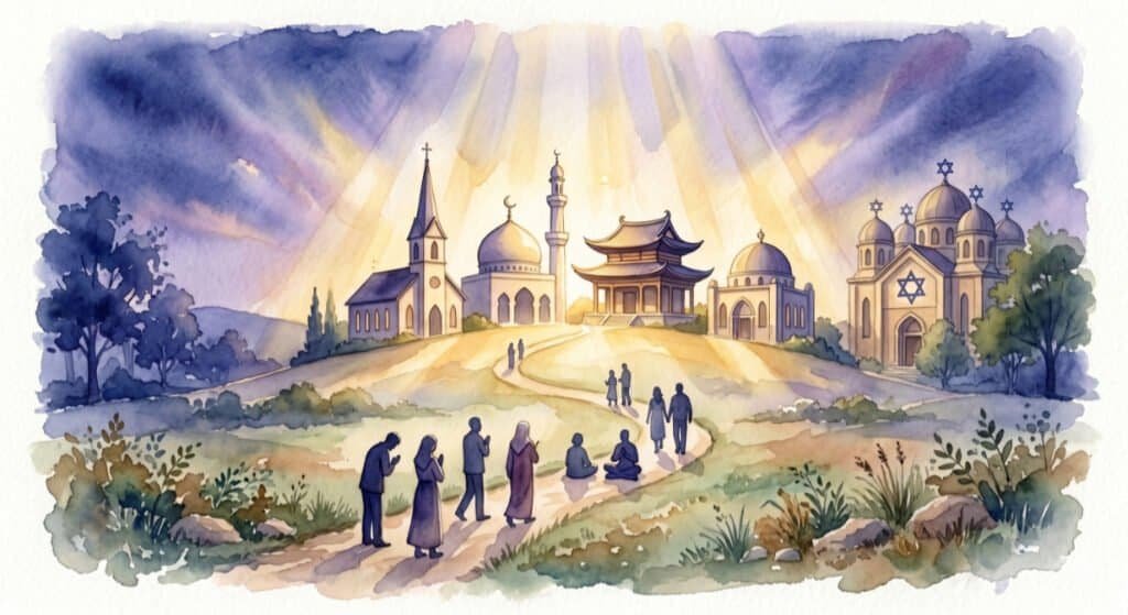 Watercolor of four diverse sacred buildings clustered peacefully together on a shared hill: a Christian church, an Islamic mosque, a buddhist temple, and a Jewish synagogue. The path leading to the cluster is a single winding path, with diverse silhouettes of people praying in different manners.