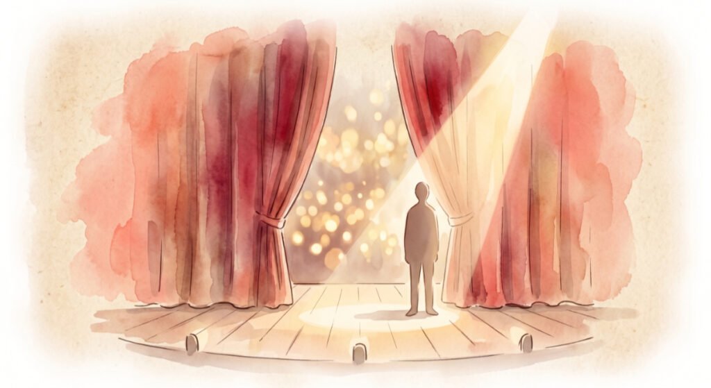 Watercolor of theatre stage with featureless shadow figure standing in the spotlight for a second encore.